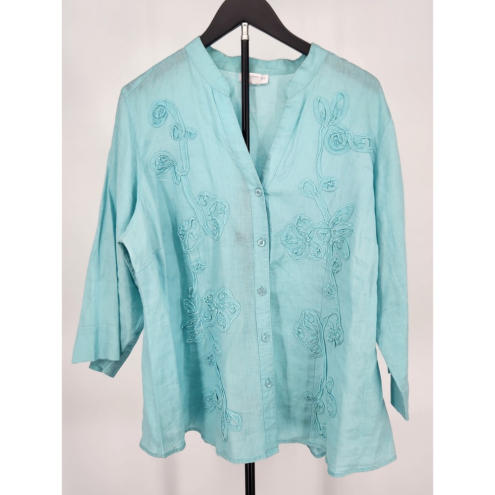 Charter Club Woman Aqua Blue 100% Linen Floral Embroidered Button Down Top 18W